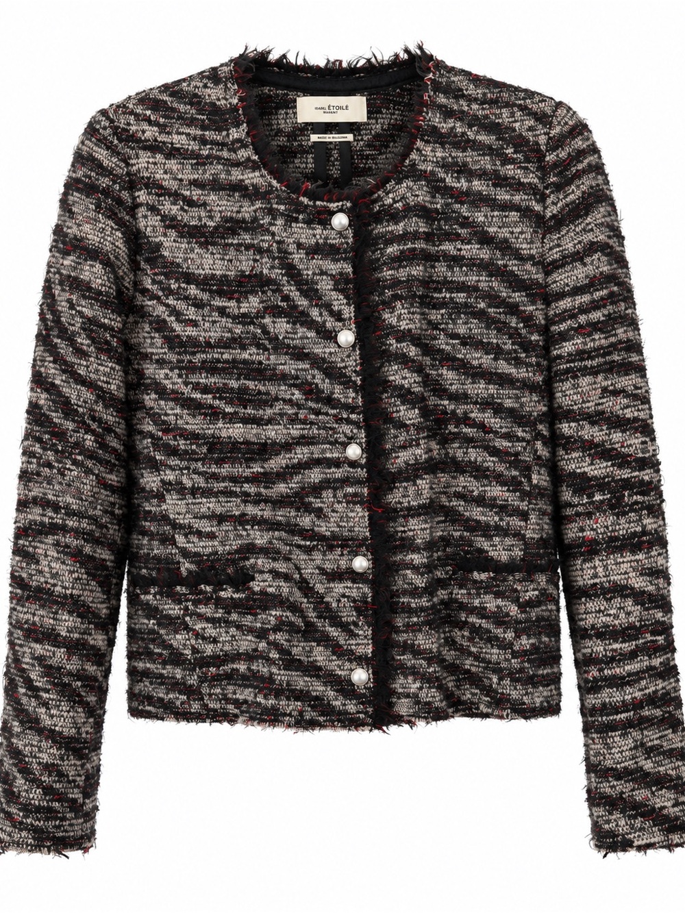 Isabel Marant Étoile Tweed Fringe Jacket Black Red Wool Blend FR 40